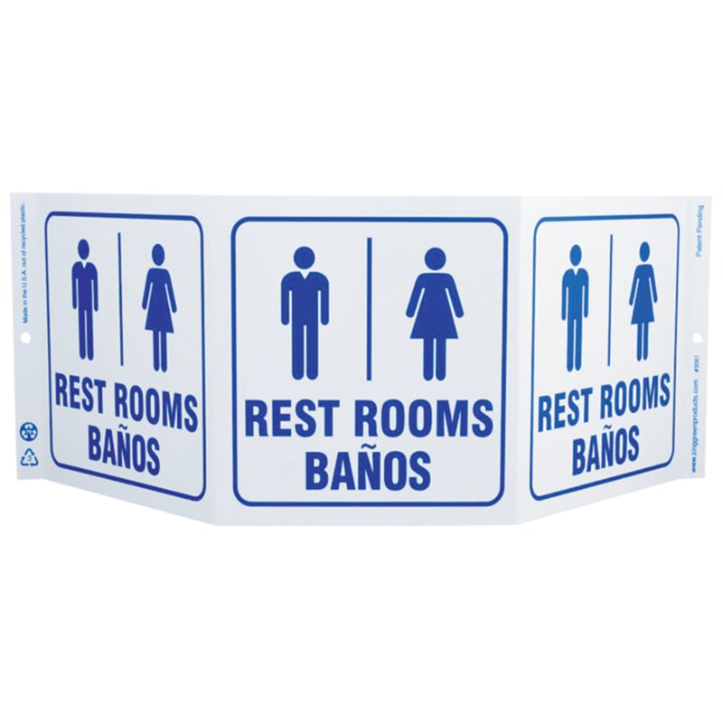 Bilingual Rest Rooms Tri-View 3-Sided Recycled Projection Sign with Graphics