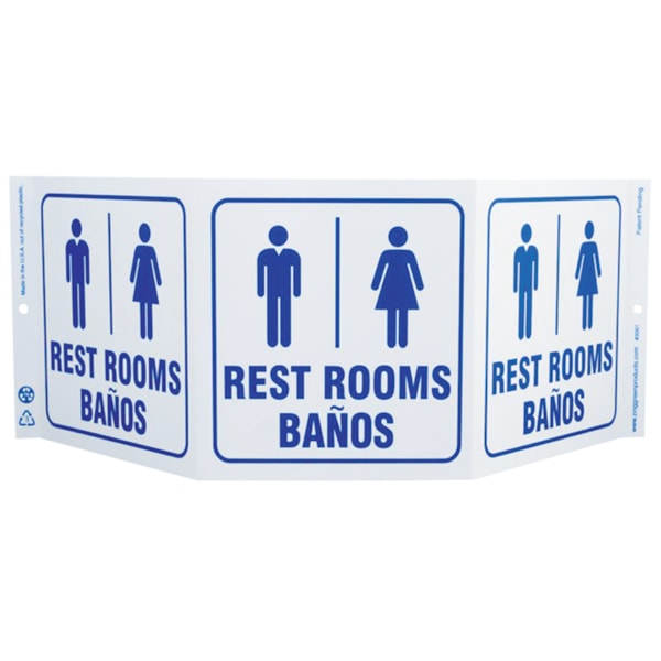Bilingual Rest Rooms Tri-View 3-Sided Recycled Projection Sign with Graphics