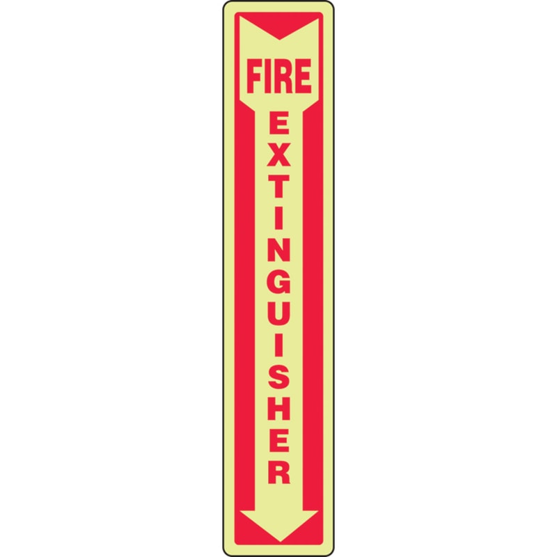 Glo-In-The-Dark Self-Adhesive Vertical Fire Extinguisher Safety Sign, 12" x 4"