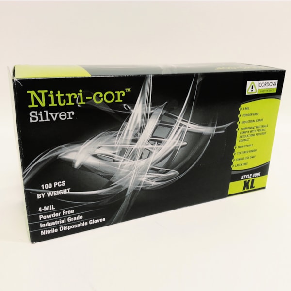 Nitri-Cor Silver™ Industrial Grade 4 mil Powder Free 9.6" Nitrile Disposable Gloves, 100/Box