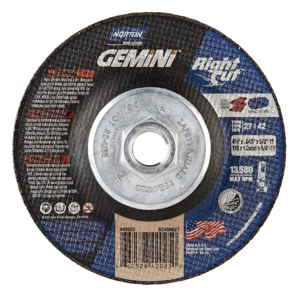 4 1/2" x 0.045" x 5/8"-11 Type 27/42 Aluminum Oxide Depressed Center Cut-Off Wheel