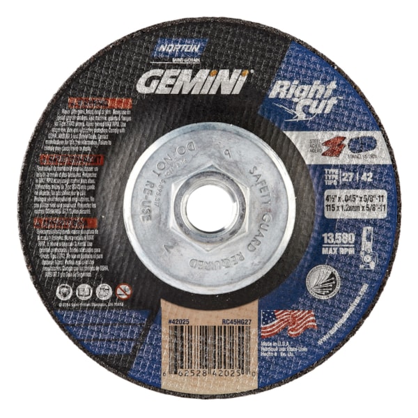4 1/2" x 0.045" x 5/8"-11 Type 27/42 Aluminum Oxide Depressed Center Cut-Off Wheel