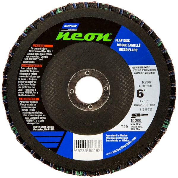 Neon R766 6" 60 Grit Type 29 Conical Flap Disc 7/8" Arbor & 10,200 RPM, 10/Box
