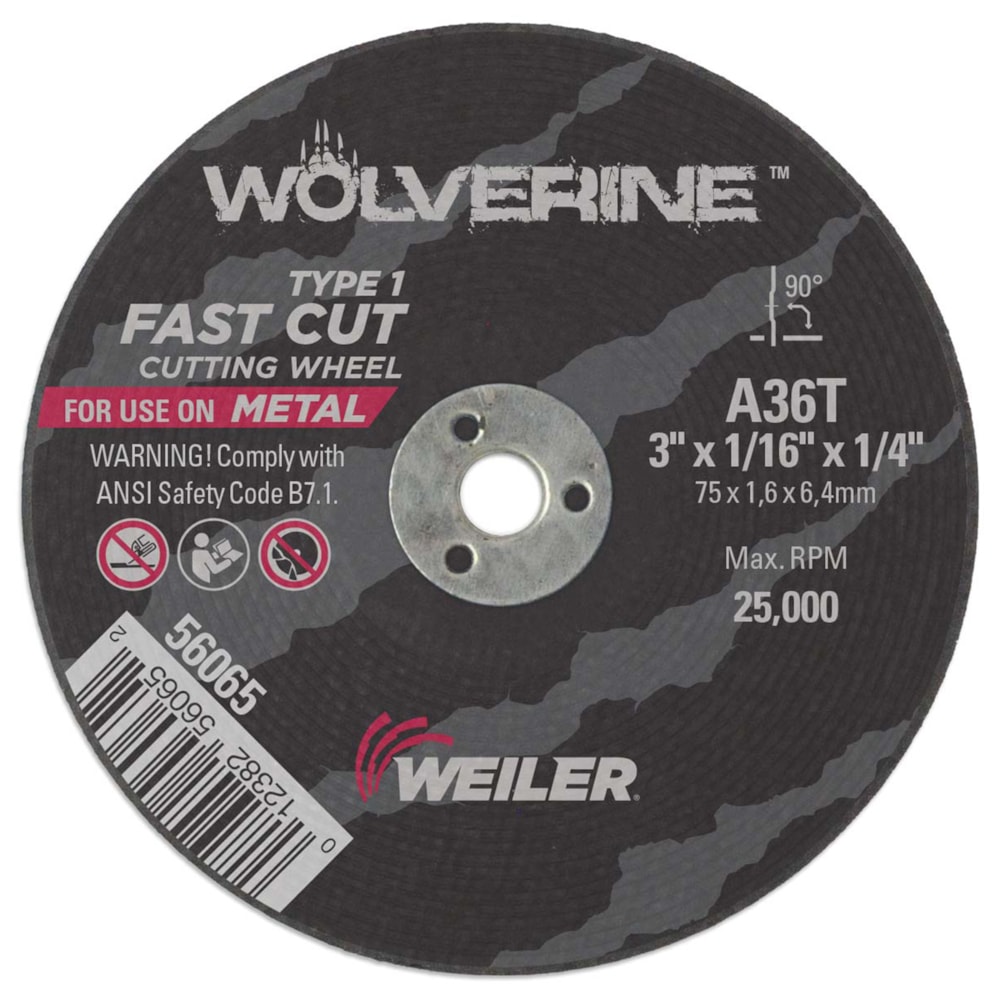 3" Wolverine™ 36 Grit Cutting Wheel with 1/4" Arbor and 25,000 RPM