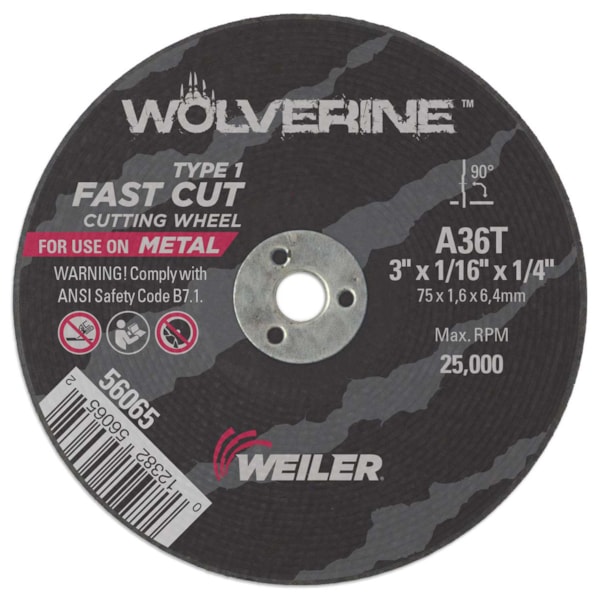 3" Wolverine™ 36 Grit Cutting Wheel with 1/4" Arbor and 25,000 RPM