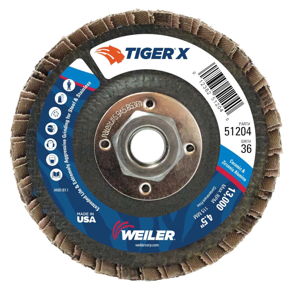 Tiger® X 4 1/2" Type 29 36 Grit 5/8"-11 Nut Arbor Ceramic & Zirconia Alumina Phenolic Backed Abrasive Flap Disc