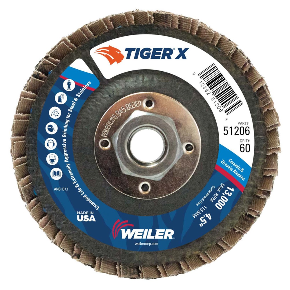 Tiger® X 4 1/2" Type 29 60 Grit 5/8"-11 Nut Arbor Ceramic & Zirconia Alumina Phenolic Backed Abrasive Flap Disc