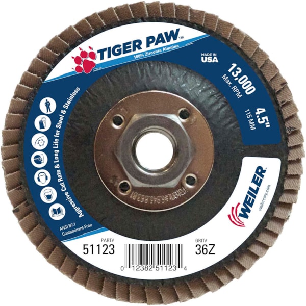 Tiger Paw™ 4 1/2" Type 29 36Z Grit 5/8"-11 UNC Arbor Phenolic Backed ZA Abrasive Flap Disc