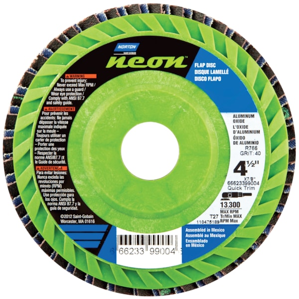 Neon R766 ZA 4 1/2" P40 Grit 7/8" Arbor Type 27 Fiberglass HD Abrasive Flat Flap Disc