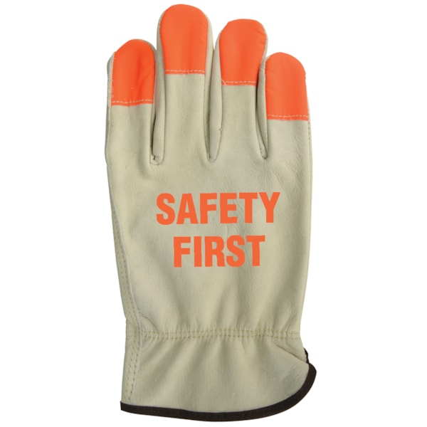 Hi-Vis Orange Fingertip Grain Leather Driver's Gloves, Custom Product Add A Safety Message