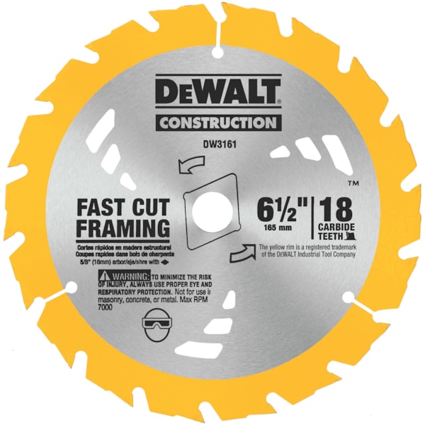6 1/2" Series 20™ Construction Small Diameter, Fast Cut Framing         Circular Saw Blade – 18 Carbide Tipped Teeth, 5/8" rd Arbor,           ATB Grind