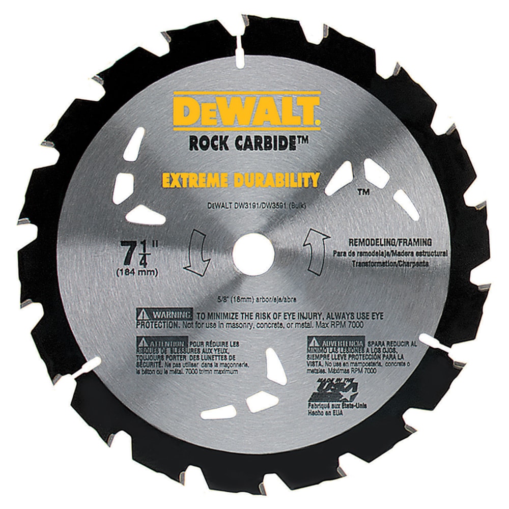 7 1/4" Series 20™ Construction Small Diameter, Rock                    Carbide® Combination Framing Circular Saw Blade – 18 Carbide            Tipped Teeth, 5/8" rd Arbor, ATB Grind