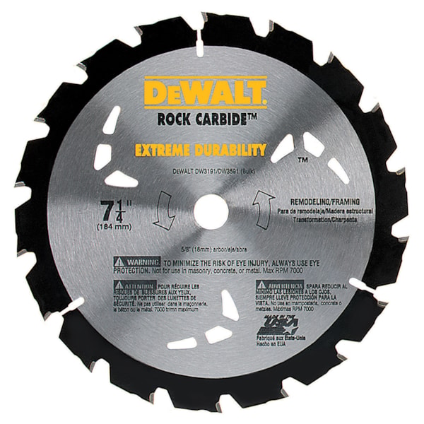 7 1/4" Series 20™ Construction Small Diameter, Rock                    Carbide® Combination Framing Circular Saw Blade – 18 Carbide            Tipped Teeth, 5/8" rd Arbor, ATB Grind
