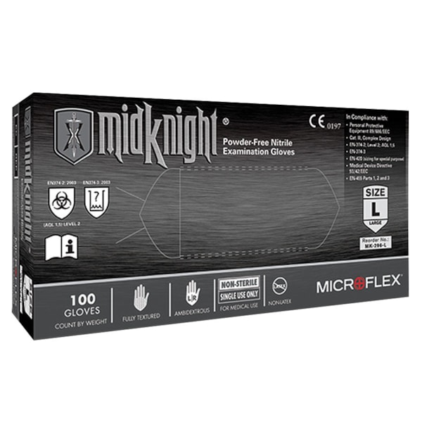 Midknight™ 4.7 mil Powder-Free 9.5" Black Nitrile Exam Gloves, 100/Box
