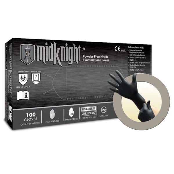 Midknight™ 4.7 mil Powder-Free 9.5" Black Nitrile Exam Gloves, 100/Box