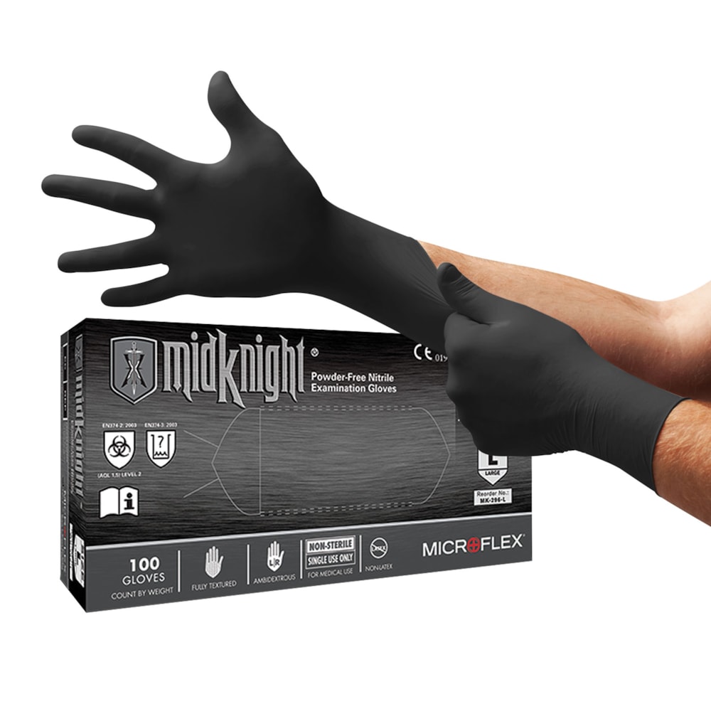 Midknight™ 4.7 mil Powder-Free 9.5" Black Nitrile Exam Gloves, 100/Box