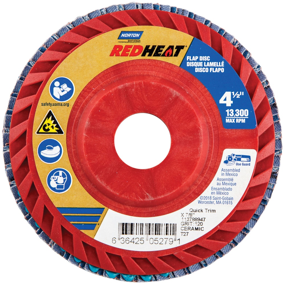 Red Heat® R961 4 1/2" Dia. 7/8" Arbor Medium CA P120 Grit Type 27 Center Mount Plastic Flat Flap Disc