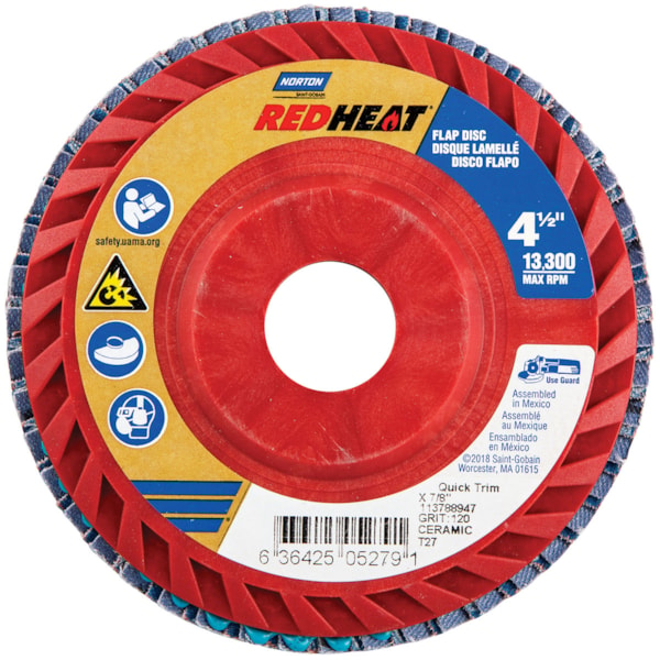 Red Heat® R961 4 1/2" Dia. 7/8" Arbor Medium CA P120 Grit Type 27 Center Mount Plastic Flat Flap Disc