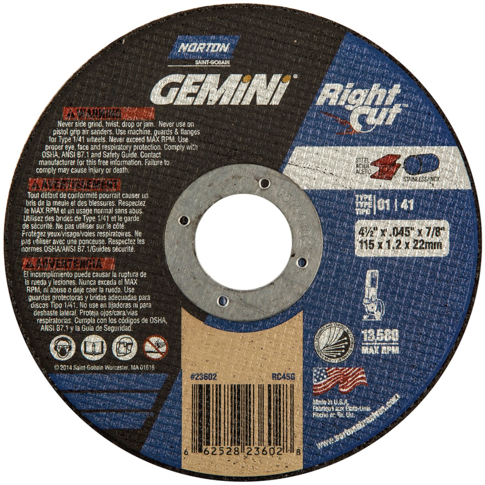 A AO Type 01/41 4 1/2" Dia. x 0.045"THK 7/8" Arbor Hole Right Angle Cut-Off Wheel