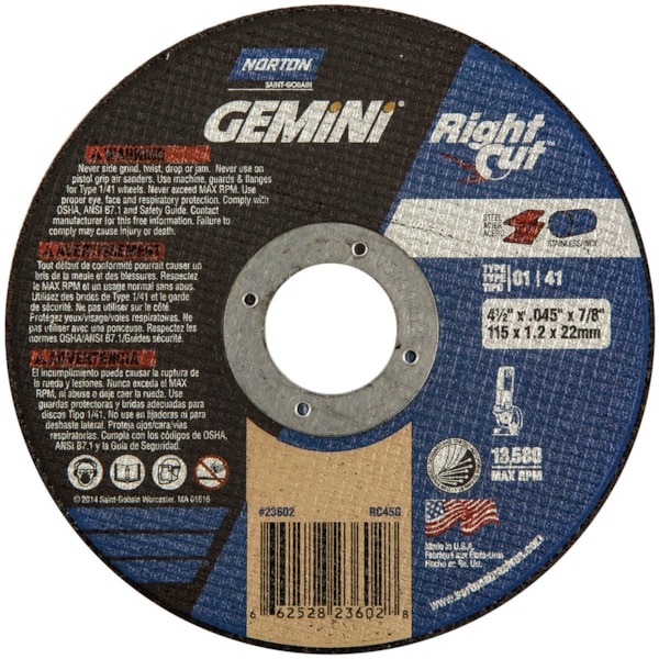 A AO Type 01/41 4 1/2" Dia. x 0.045"THK 7/8" Arbor Hole Right Angle Cut-Off Wheel