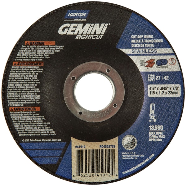 INOX/SS A AO Type 27/42 4 1/2" Dia. x 0.045THK 7/8" Arbor Hole Cutting Wheel