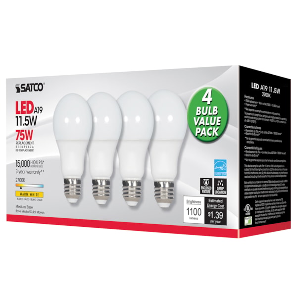 75W Replacement A19 LED Lamp, Non-Dimmable, 11.5W, 5000K, 120V, 4PK