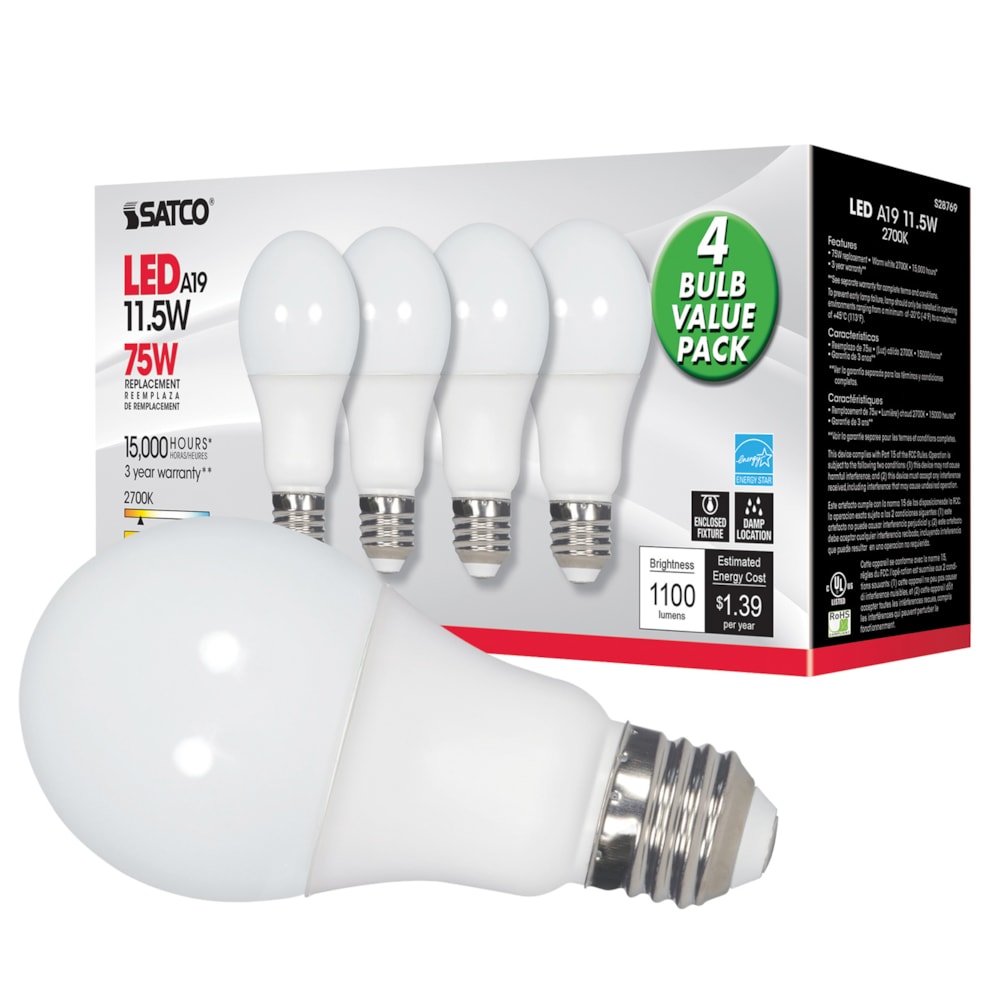 75W Replacement A19 LED Lamp, Non-Dimmable, 11.5W, 5000K, 120V, 4PK