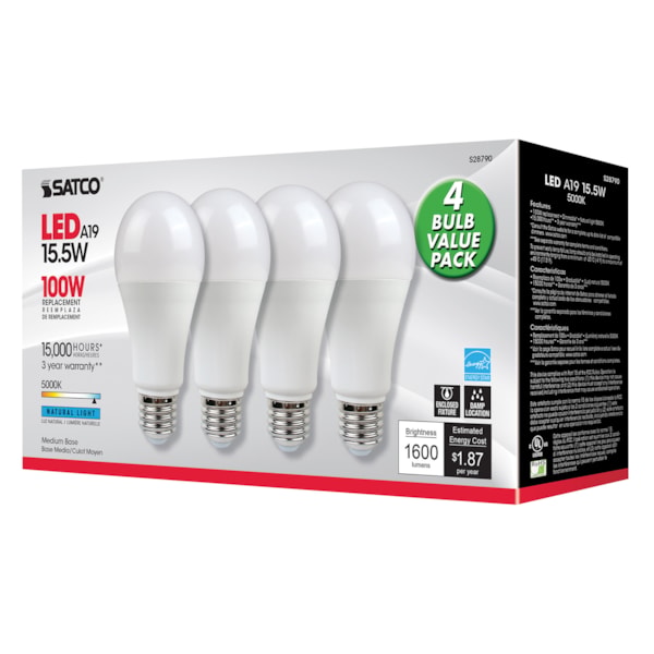 100W Replacement A19 LED Lamp, Non-Dimmable, 15W, 5000K, 120V, 4PK