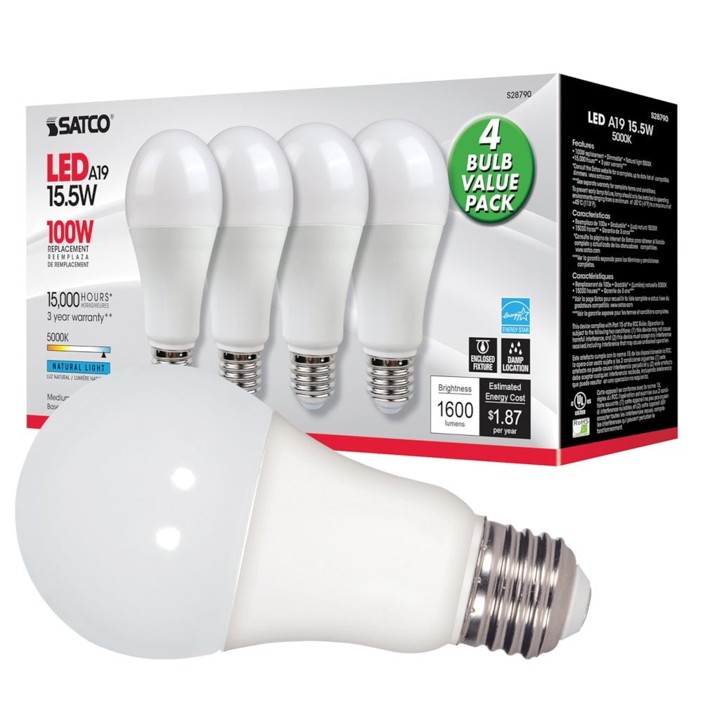 100W Replacement A19 LED Lamp, Non-Dimmable, 15W, 5000K, 120V, 4PK