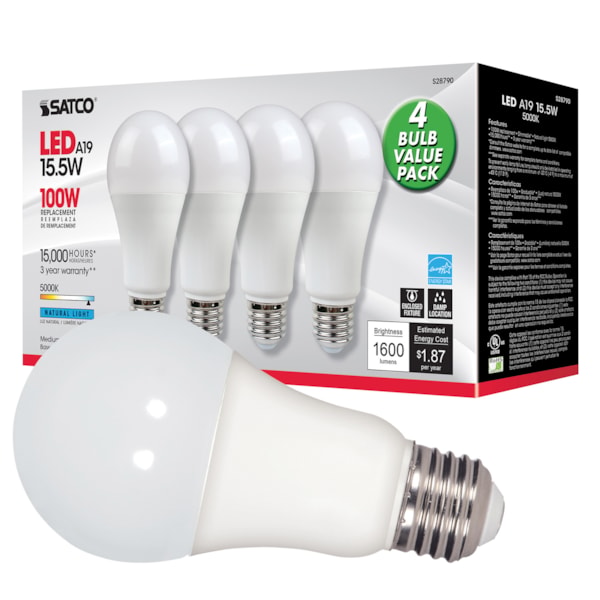 100W Replacement A19 LED Lamp, Non-Dimmable, 15W, 5000K, 120V, 4PK
