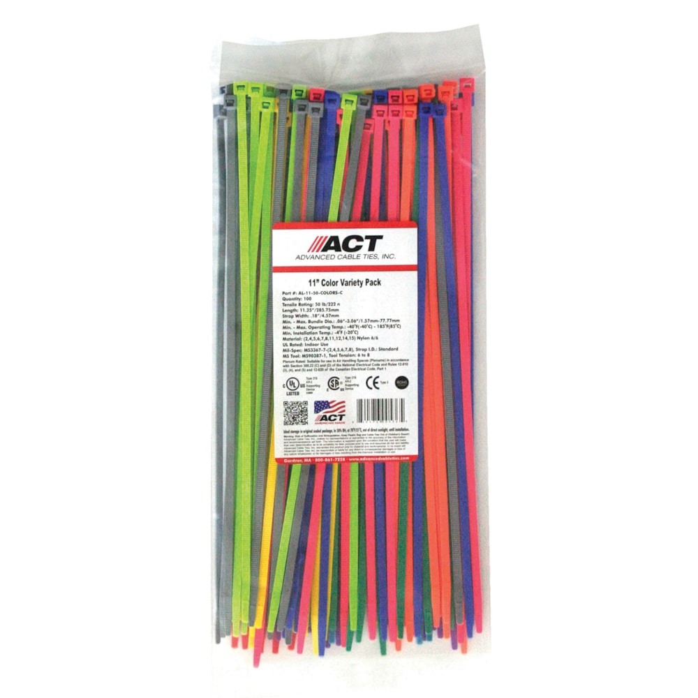 11" Color Assortment 50 lb. Nylon Zip Ties, 100/Pack