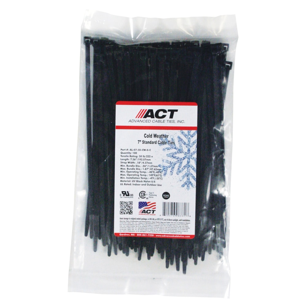 7" Cold Weather UV Black Nylon 50 lb. Zip Ties, 100/Pack