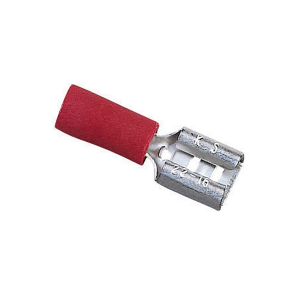 Insulated Female Disconnect, 22 - 18 AWG, 0.187 in W x 0.020 in THK, Butted/Brazed Barrel, Brass, Red 25/Pack