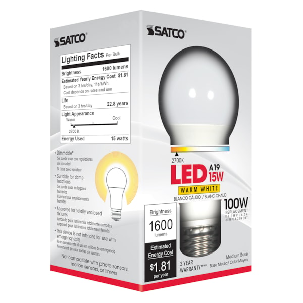 100W Replacement A19 LED Lamp, Dimmable, 15W, 3000K, 120V