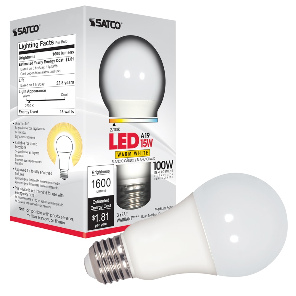 100W Replacement A19 LED Lamp, Dimmable, 15W, 3000K, 120V
