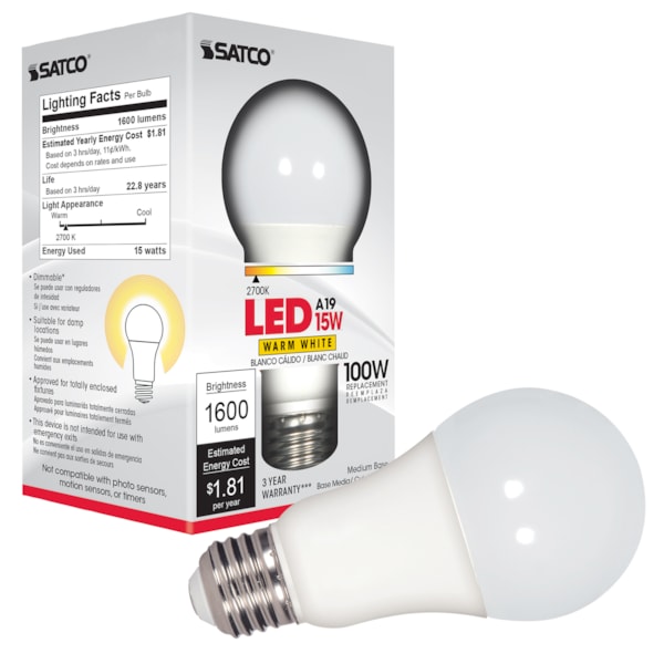 100W Replacement A19 LED Lamp, Dimmable, 15W, 3000K, 120V