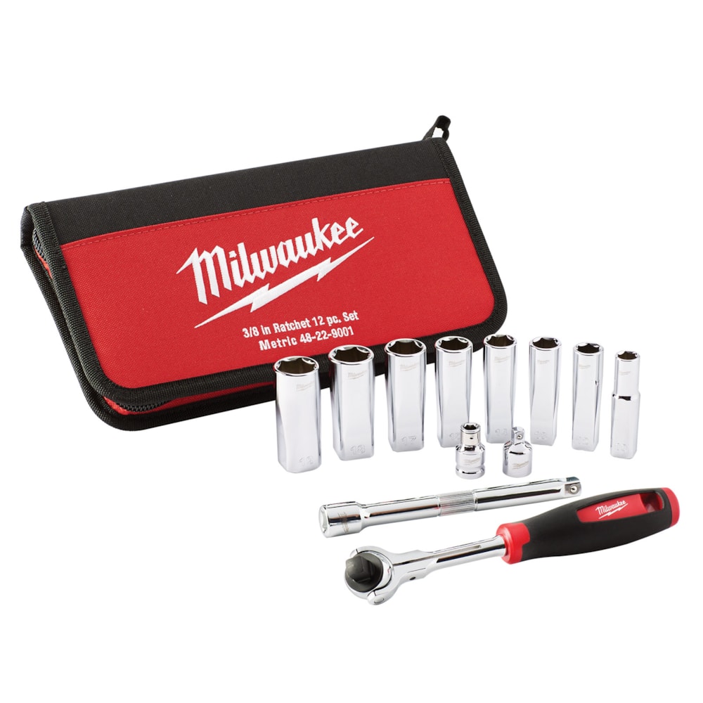 Metric Socket Set, 12 Pieces, For Use With Wrenches, 3/8 in Drive, Stainless Steel