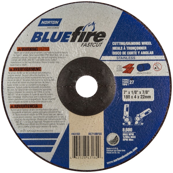 7" x 1/8" x 5/8"-11 INOX/SS Type 27 Zirconia Alumina & Aluminum Oxide Depressed Center Grinding & Cutting Wheel