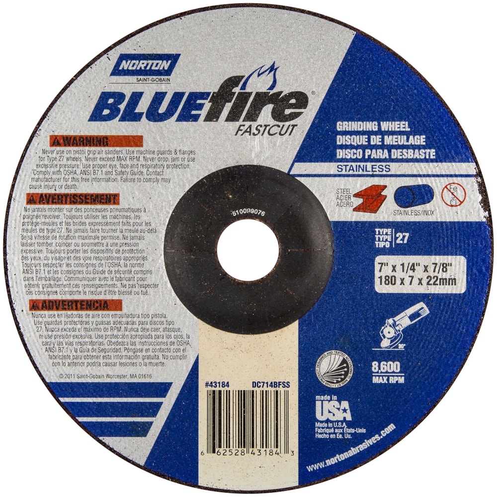 7" x 1/4" x 5/8"-11 INOX/SS Type 27 Zirconia Alumina & Aluminum Oxide Depressed Center Grinding & Cutting Wheel