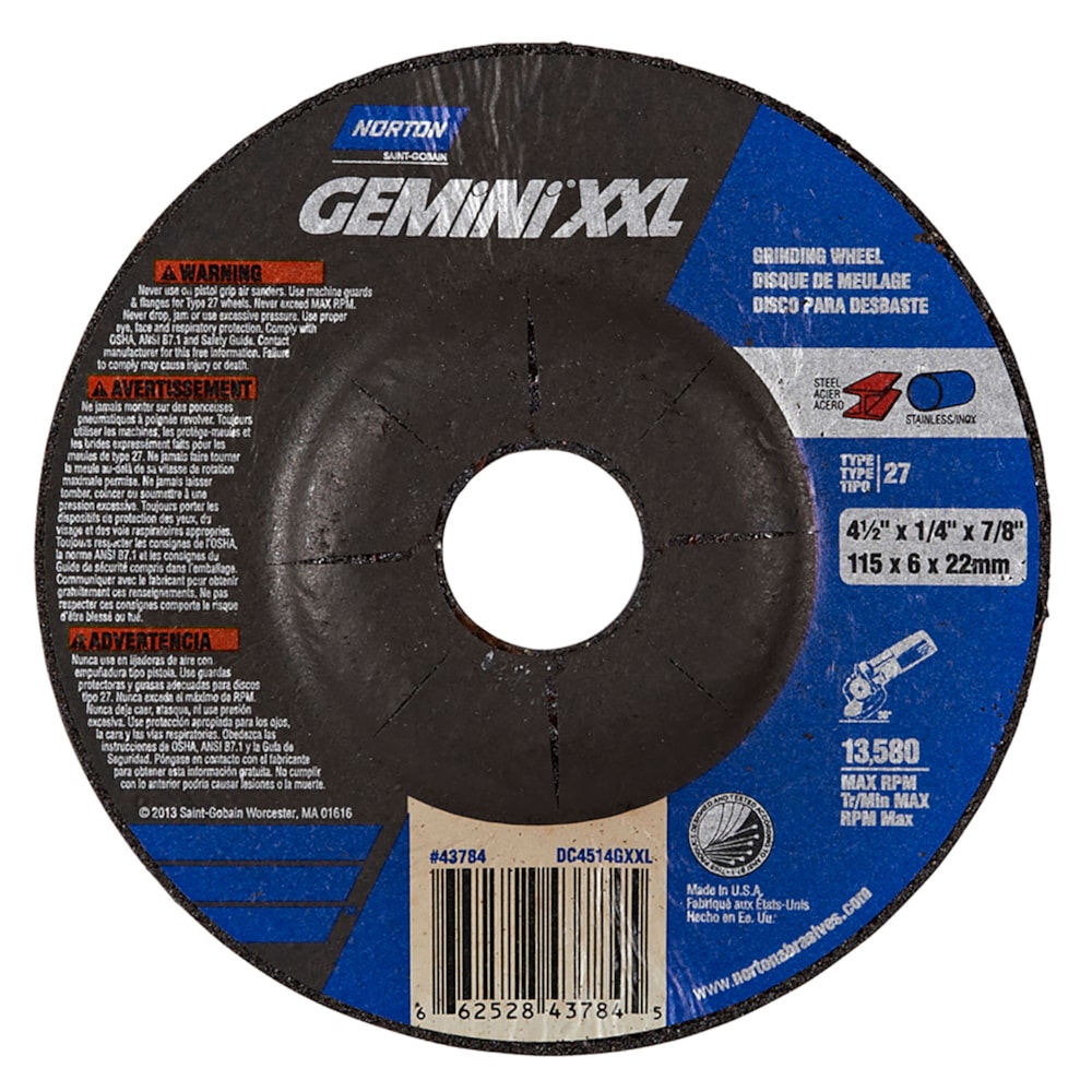 XXL 4 1/2" x 1/4" x 7/8" Type 27 Ceramic Coated Aluminum Oxide Abrasive Grinding Wheel