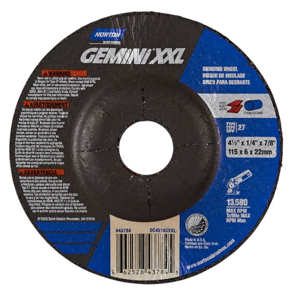 XXL 4 1/2" x 1/4" x 7/8" Type 27 Ceramic Coated Aluminum Oxide Abrasive Grinding Wheel