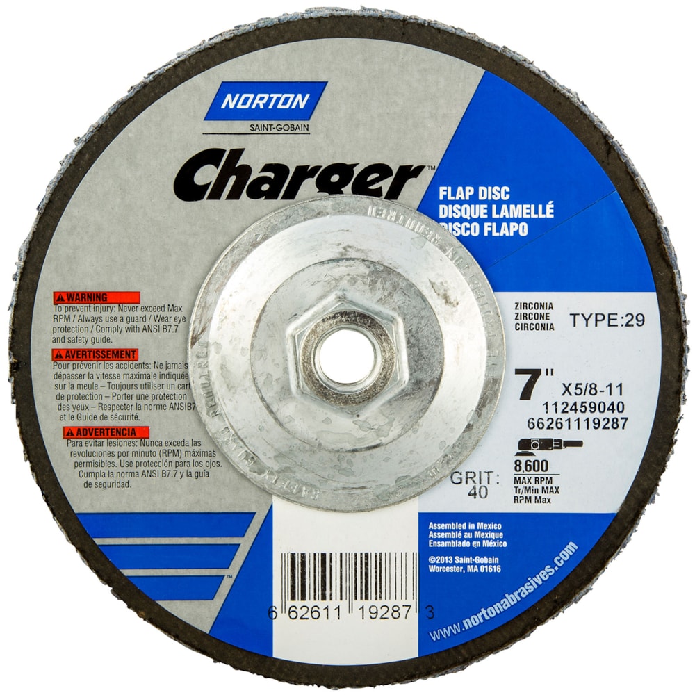 Charger 4 1/2" x 5/8"-11 Type 29 Extra Coarse P40G Zirconia Alumina Abrasive Arbor Thread Fiberglass Conical Flap Disc