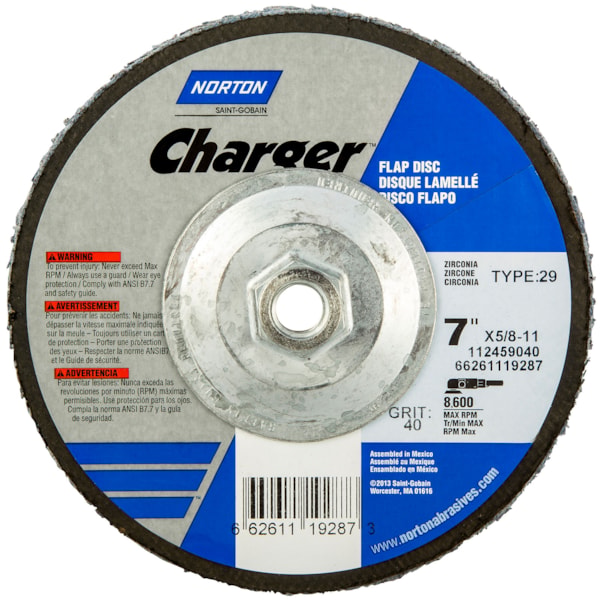 Charger 4 1/2" x 5/8"-11 Type 29 Extra Coarse P40G Zirconia Alumina Abrasive Arbor Thread Fiberglass Conical Flap Disc