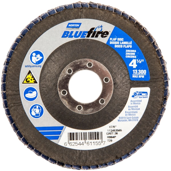R884P 4" x 5/8" Arbor Type 29 Coarse P80G Zirconia Alumina Abrasive Center Mount Fiberglass Conical Flap Disc