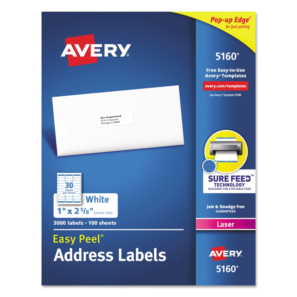 Easy Peel 1" x 2.63" White Address Labels 3000/Box