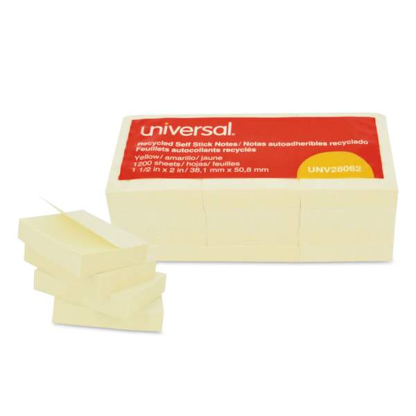 Recycled 100-Sheet Self-Stick Note Pads, 1-1/2" x 2", Yellow, 12/Pack