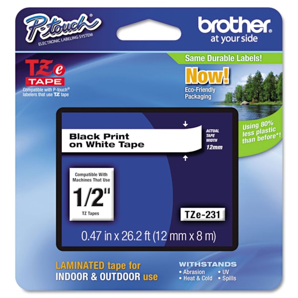 TZe 1/2" x 26' Standard Adhesive Laminated Labeling Tape, Black on White