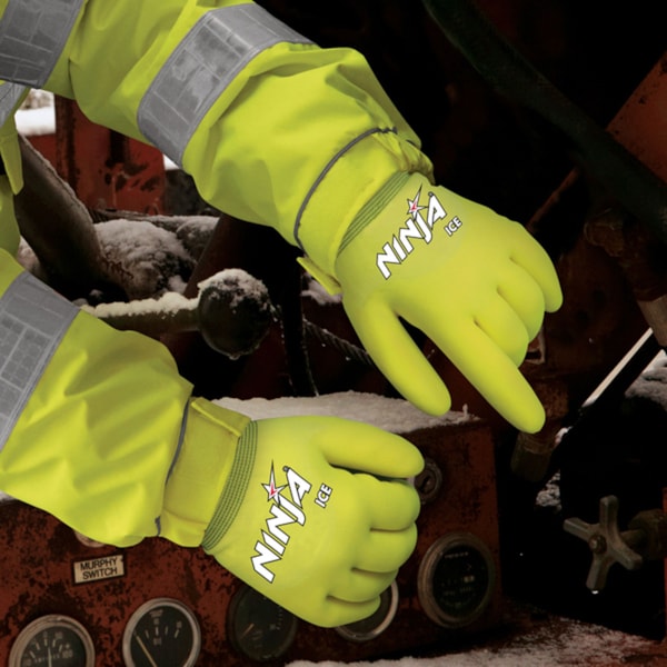 Ninja® Ice Hi-Vis 15 Gauge Lime Nylon Acrylic Gloves w/Terry Interior Over the Knuckle HPT Coating