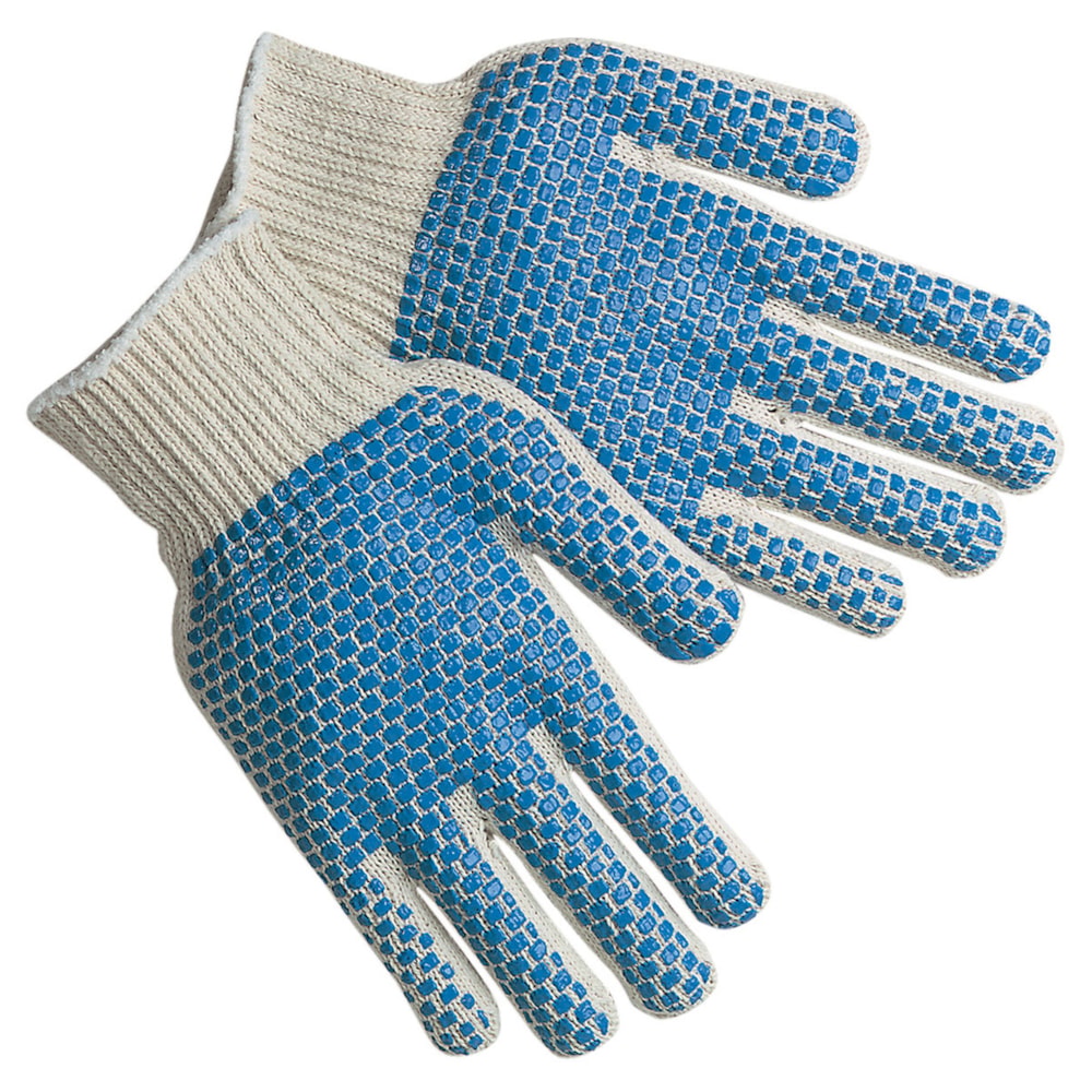 7 Gauge Cotton/Polyester Regular Weight String Knit Gloves PVC 2-Sided Blue Blocks