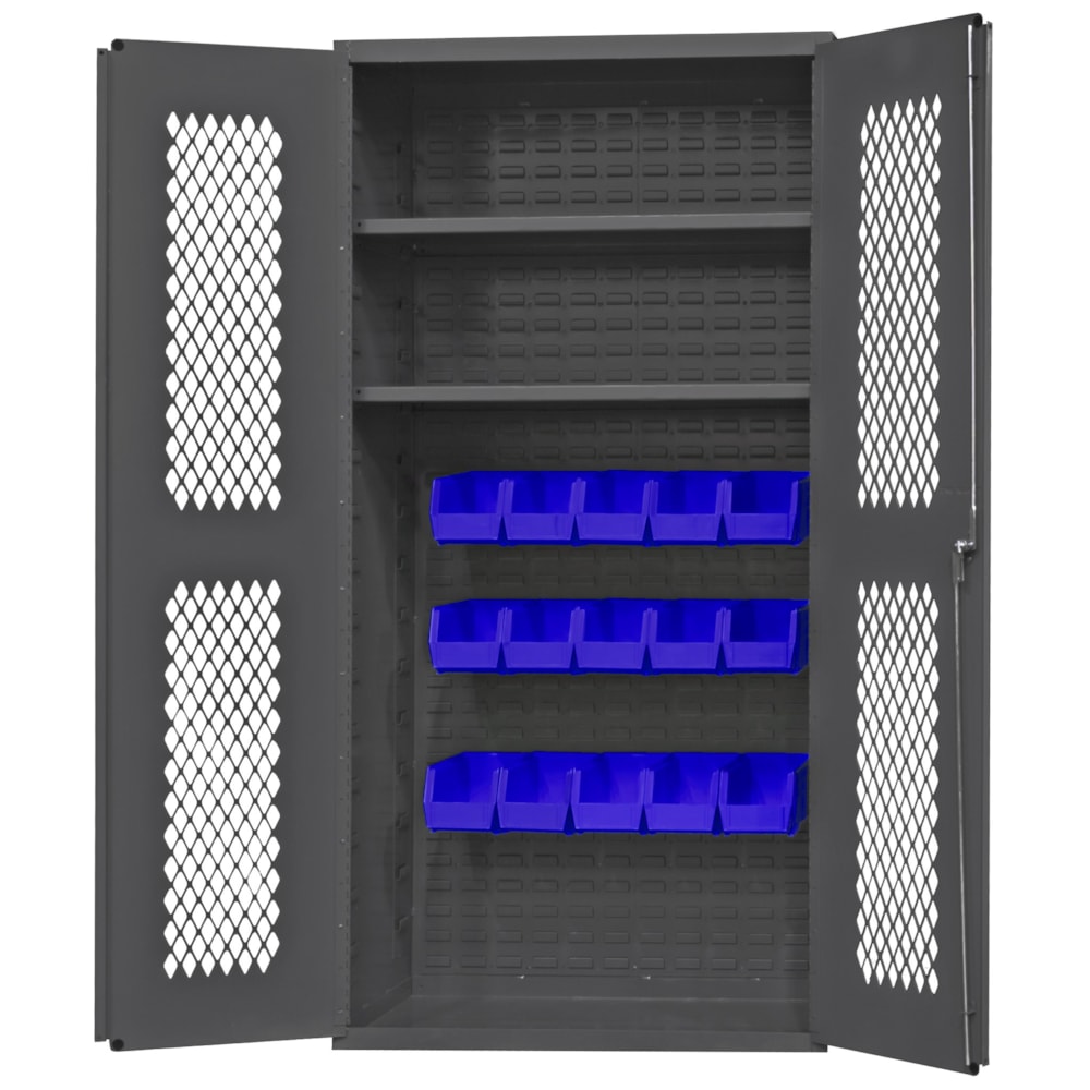 Cabinet, 24X36, 2 shelf, 15 blue bins 14 Gauge